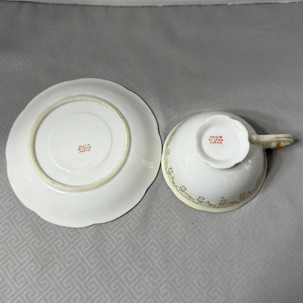 Vintage Handpainted Floral Teacup & Saucer  Porcelain Gold Detail Occupied Japan